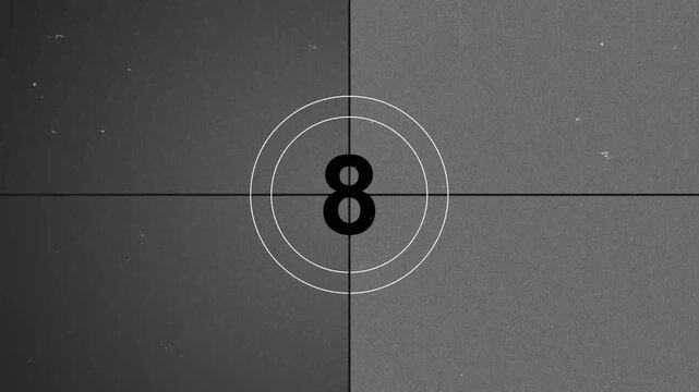Vintage countdown leader, retro black and white cinematic start screen effect