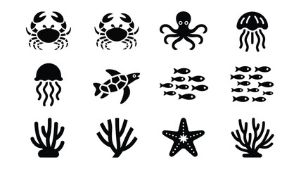 Minimalist underwater marine life icons showcasing crabs jellyfish octopus fish coral and starfish in bold silhouette style © Somiran
