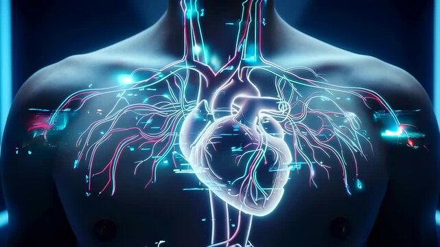 glowing heart overlay on chest showing pulsing myocardium and branching vasculature in a futuristic diagnostic interface cardiologist examines AIassisted imaging for clinical assessment