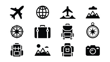 Minimalist black silhouette icons showcase diverse travel adventure themes for marketing © Somiran