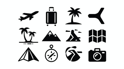 Modern black and white vector icons showcasing travel adventure themes © Somiran