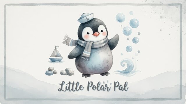 A delightful watercolor painting featuring a cute penguin character wearing a sailor cap and a striped scarf accompanied by floating bubbles a small toy sailboat and stones with handwritten lette