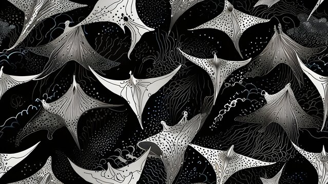 Abstract monochrome pattern of elegant manta rays swimming in a stylized dark ocean. Underwater sea life background.