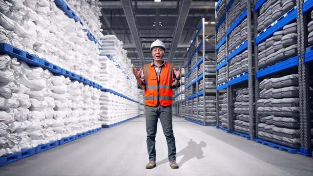 Full Body Of Asian Male Engineer With Safety Helmet Smiling To Camera And Saying Wow While Standing at Warehouse Storage with Stacked White Sacks