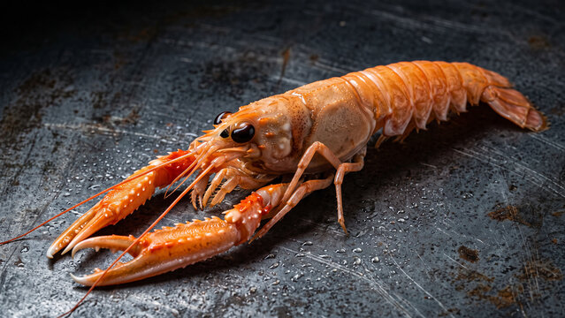 Fresh Raw Langoustine on Dark Scratched Metal Surface