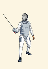 Obraz premium Fencer in protective gear stance.