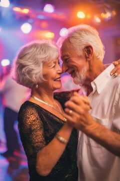 Senior man and woman enjoy dancing together at a community gathering in the evening with music and lights around them