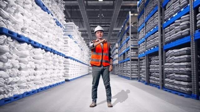 Full Body Of Asian Male Engineer With Safety Helmet Smiling And Touching His Chest Then Pointing At You While Standing at Warehouse Storage with Stacked White Sacks