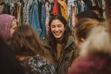 Fototapeta premium People exchange garments during a swap event with smiles in a lively venue, creating connections and sharing clothing items