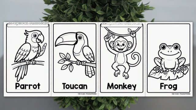 Educational activity sheet for children featuring a parrot a toucan a monkey and a frog to help youngsters learn animal names while engaging in a fun creative pastime for home or school learning