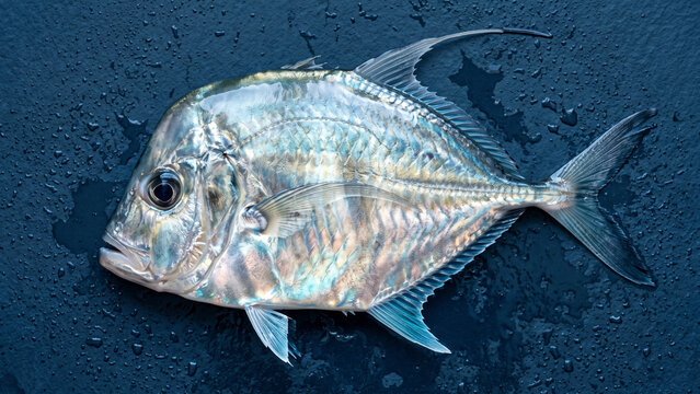 Fresh Raw Moonfish with Shiny Silver Scales on a Dark Wet Stone Background