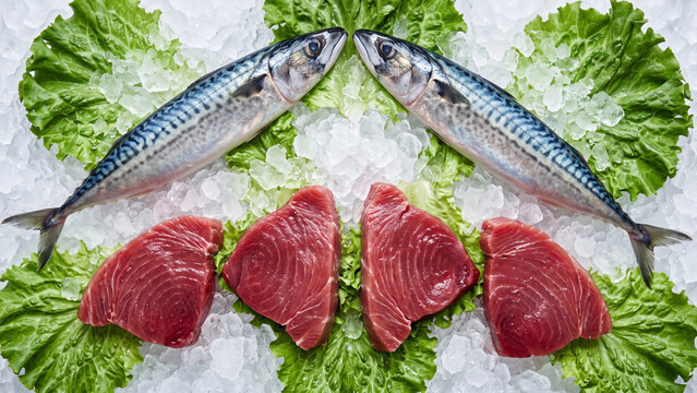 Raw Mackerel and Tuna Steaks Displayed on Crushed Ice with Green Lettuce