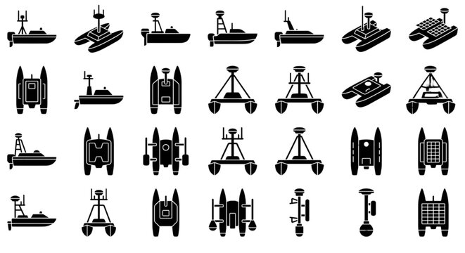 Autonomous Surface Vehicles and Catamaran Boat Silhouettes, Marine vessels, including catamarans, pontoon boats, and autonomous surface vehicles equipped with antennas and solar panels.