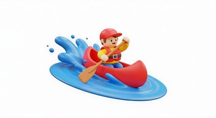 Naklejka premium 3D cartoon illustration of a man in a red kayak paddling through blue water with a white background