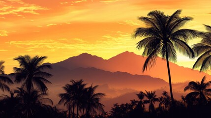 Fototapeta premium Silhouetted tropical mountain range at sunset with palm trees