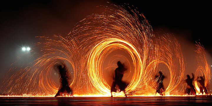 People perform fire dancing in a night event with spinning flaming circles.