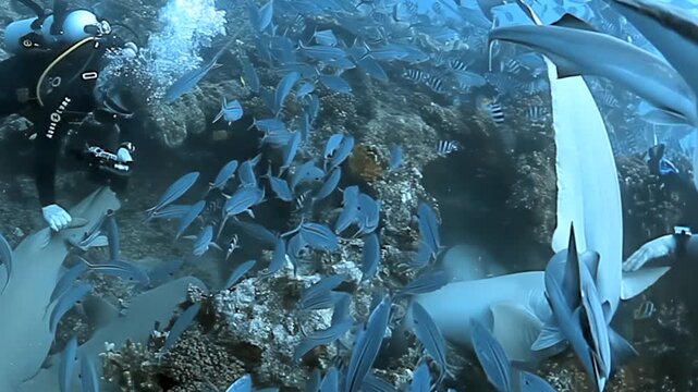Deep beneath Fiji's waves, a diver marvels at majestic nurse sharks and their remora escorts. They elegantly swim through a thriving coral garden, enveloped by a vast, pulsating cloud of smaller fish.