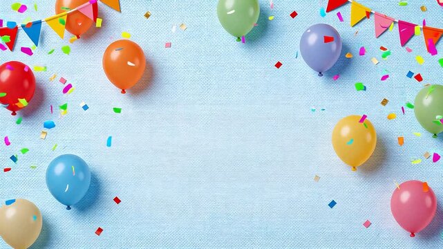 Colorful balloons and confetti on blue fabric