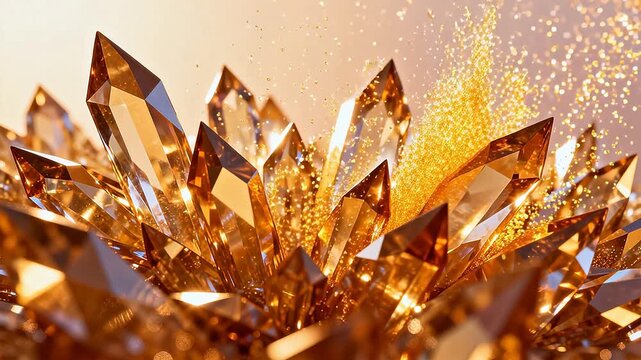 Golden crystal formations with sparkling dust