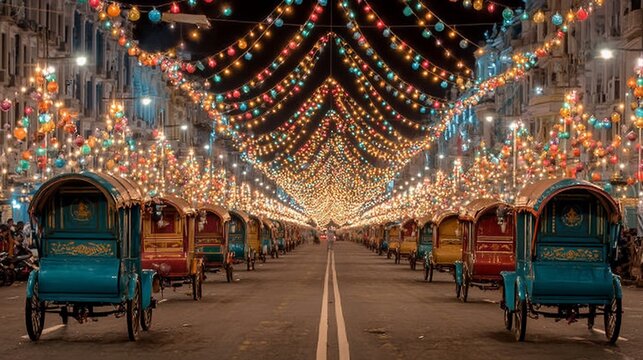 Illuminated street with hand-pulled rickshaws in Kolkata, India during a festival celebration