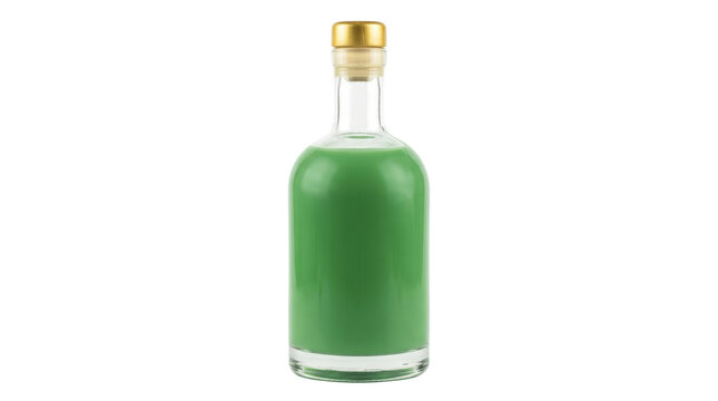 Glass Bottle Filled With Green Liquid Isolated.