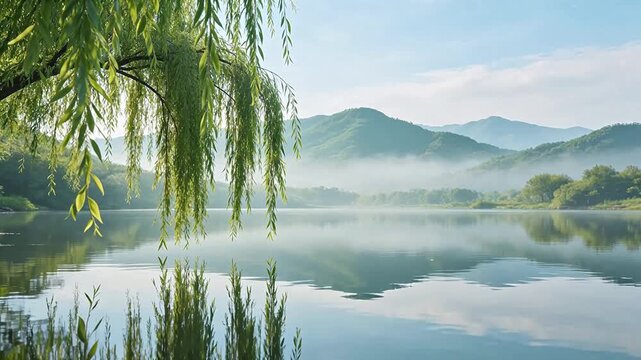 Willow tree by calm lake with misty mountains