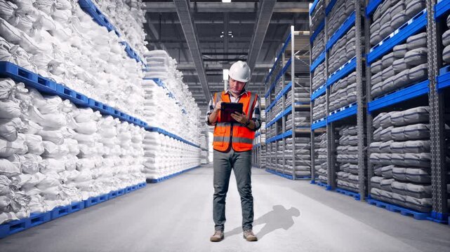 Full Body Of Asian Male Engineer With Safety Helmet Taking Note On The Tablet And Looking Around While Standing at Warehouse Storage with Stacked White Sacks