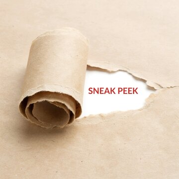 Sneak peek message revealed through torn brown kraft paper, ripped paper hole showing teaser text, creative marketing announcement concept