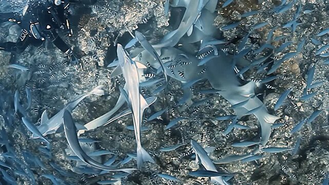 Graceful nurse sharks navigate shimmering school of fish in Fiji's tranquil waters. Remora accompany sharks, all observed by diver in this vibrant underwater ballet. Beautiful marine interaction.