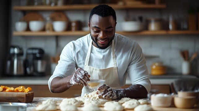 A smiling baker carefully adjusts hydration levels in dough using a measuring cup while working at a well-lit kitchen counter surrounded by prepared bread rolls and baking tools - making.