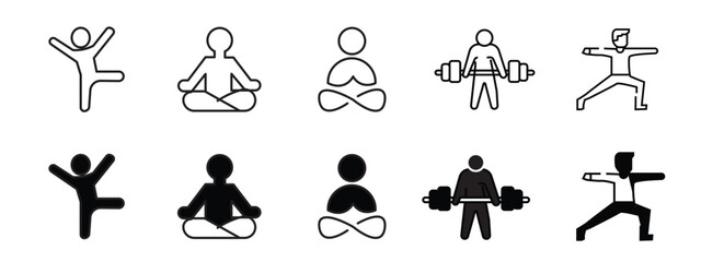 Obraz premium Yoga Pose Icon Set, Asana Fitness Meditation Body Stretching Gymnastics Vector Symbols