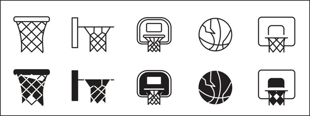 Basketball Hoop Icon Set, Backboard Net Ring and Court Slam Dunk Game Vector Symbols © Waseem