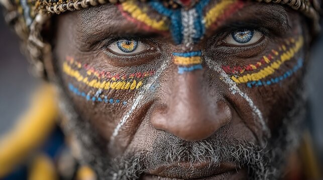 Intense close-up portrait of a tribal man with striking eyes and colorful face paint
