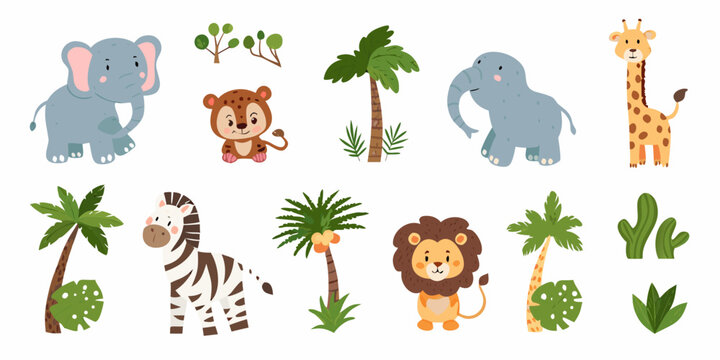 Cartoon style wildlife illustrations elephants giraffe zebra and lion