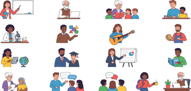 Diverse teacher and student character bundle learning music science math reading art and presentation vector