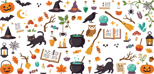 Spooky Halloween vector elements collection with cute black cats magic cauldrons pumpkins and witch hats © MdMejanur