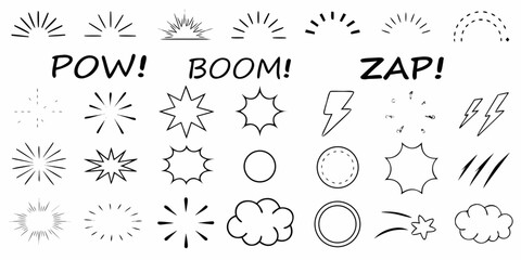 Explosion And Lightning Effects Black And White Line Art Set © Rathindranath