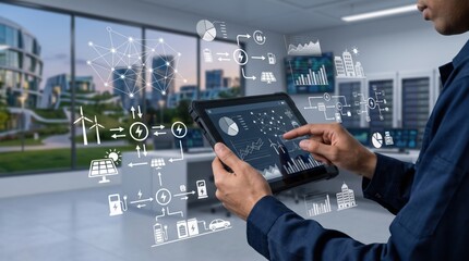 Fototapeta premium Smart city energy management system on tablet device, urban infrastructure network diagram with renewable power sources and electric vehicle charging stations