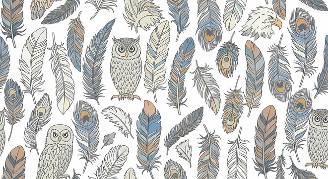 Seamless pattern with vintage feathers owl and eagle heads on white