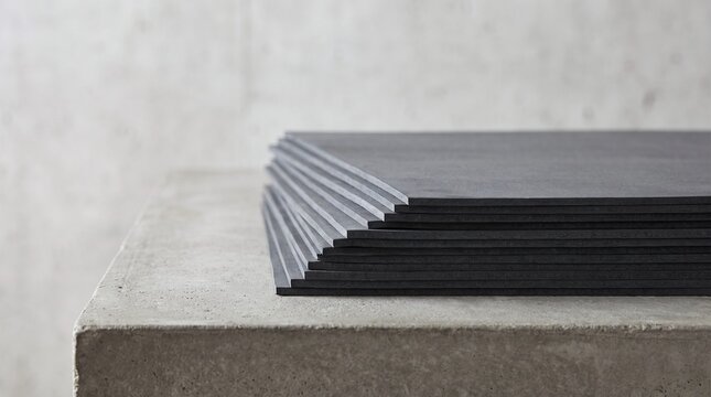 Stack of Black Rubber Sheets on Concrete Workbench for Industrial Manufacturing