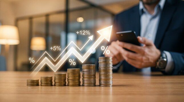 Investment in percentage with coin. income tax paid, dividends, interest rate and corporations. Businessman calculating with calculator, of return on financial research, report