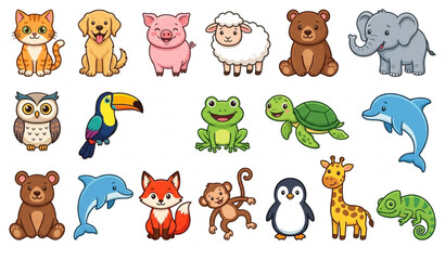 Fototapeta premium Animal Clipart Collection Vector EPS 10 Cute Cartoon Animals Isolated on White