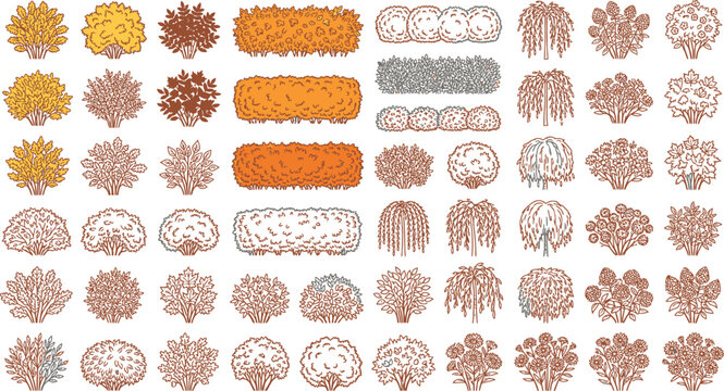Collection of hand drawn garden bushes and hedge elements for landscape design in vector illustration style