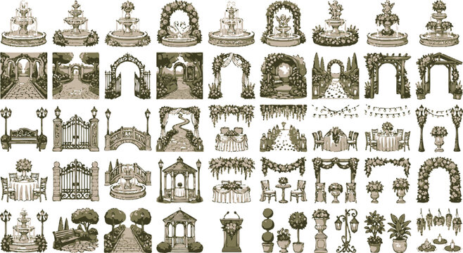 Set of vintage garden wedding elements including fountains arches gates gazebos and floral decorations in sketch style