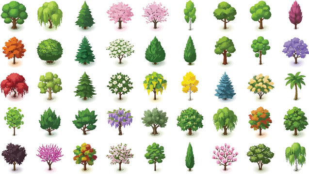 Collection of various isometric trees for landscape design and architectural visualization in a flat vector style