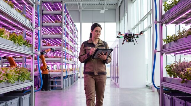 A female agricultural scientist uses a tablet to monitor an autonomous drone inside a futuristic vertical farm.
