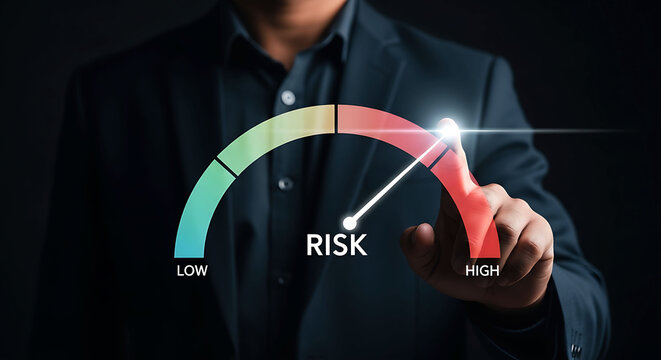 Businessman pointing at high risk level gauge meter indicator on dark background
