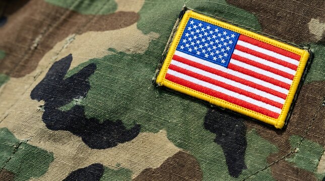 American flag patch on camouflage fabric close up with textured military uniform background