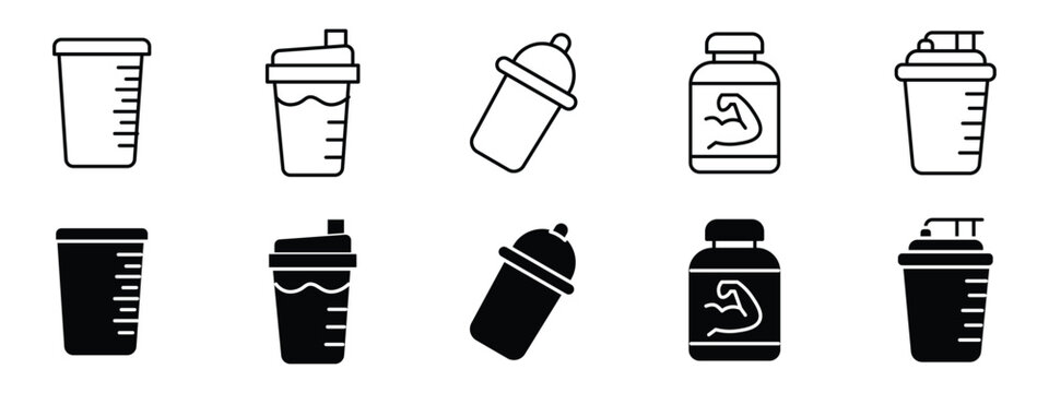 Protein Shake Icon Set, Fitness Nutrition Shaker Bottle and Sports Supplement Vector Symbols