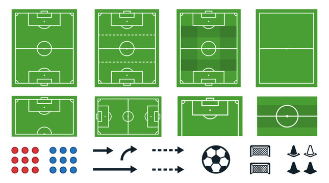 Green Football Field Diagrams and Soccer Strategy Elements Set on White Background
